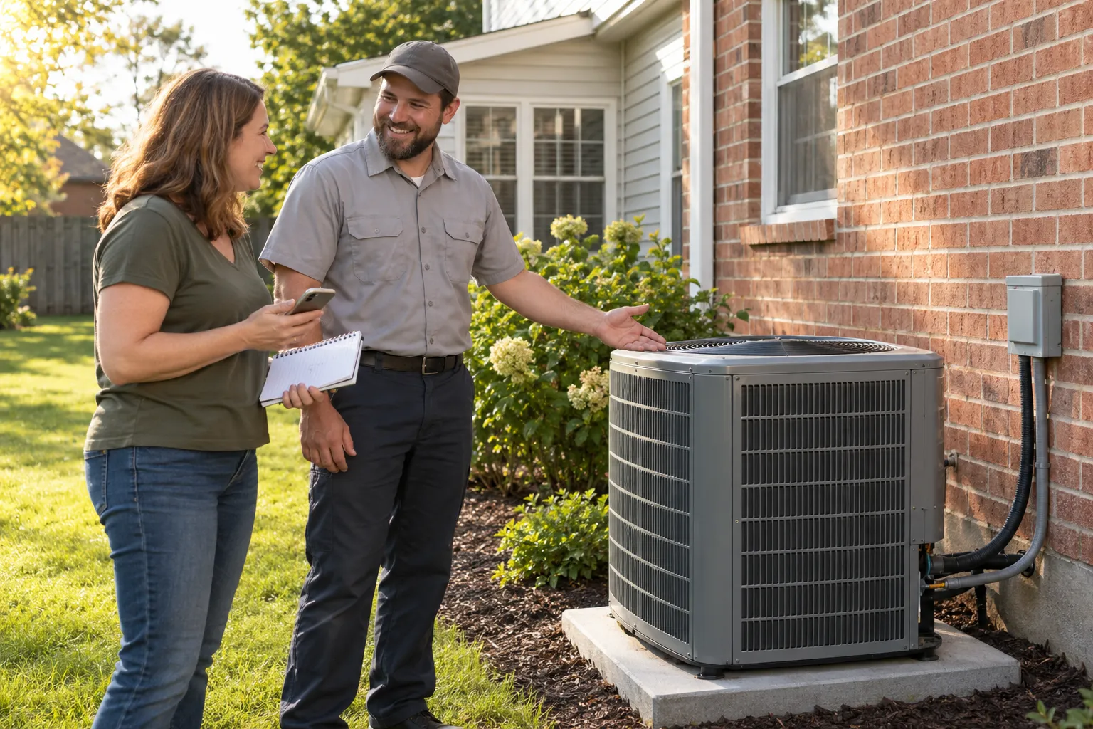 A friendly provider and a homeowner reviewing a new outdoor air conditioner beside a brick home in Johns Creek