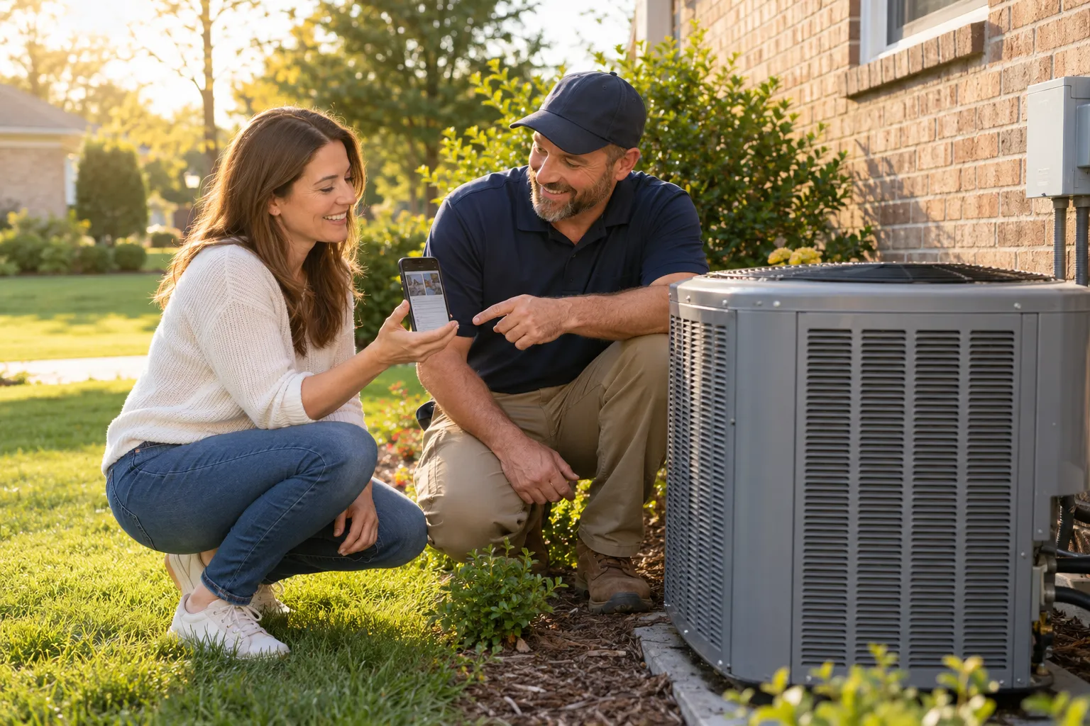 Homeowner showing a local HVAC provider the outdoor air conditioner unit beside a brick house in the Johns Creek area