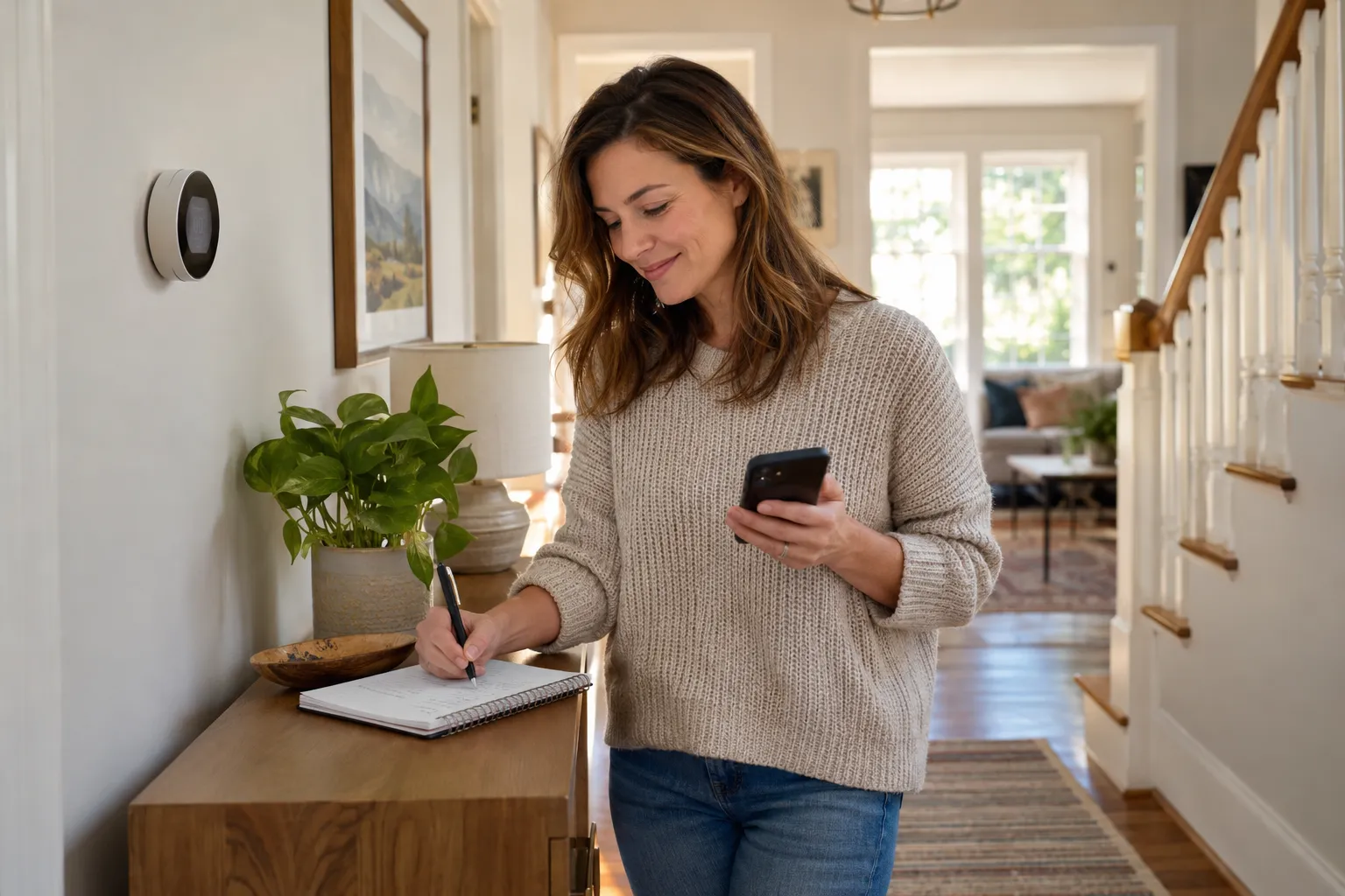 Homeowner writing notes next to a thermostat in a Johns Creek home