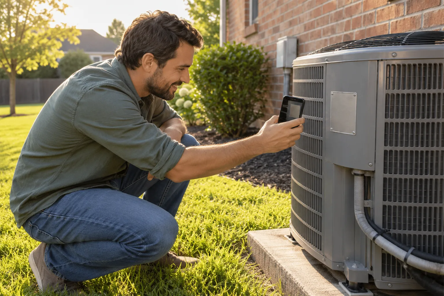 A homeowner photographing an outdoor AC unit beside a brick house in Johns Creek